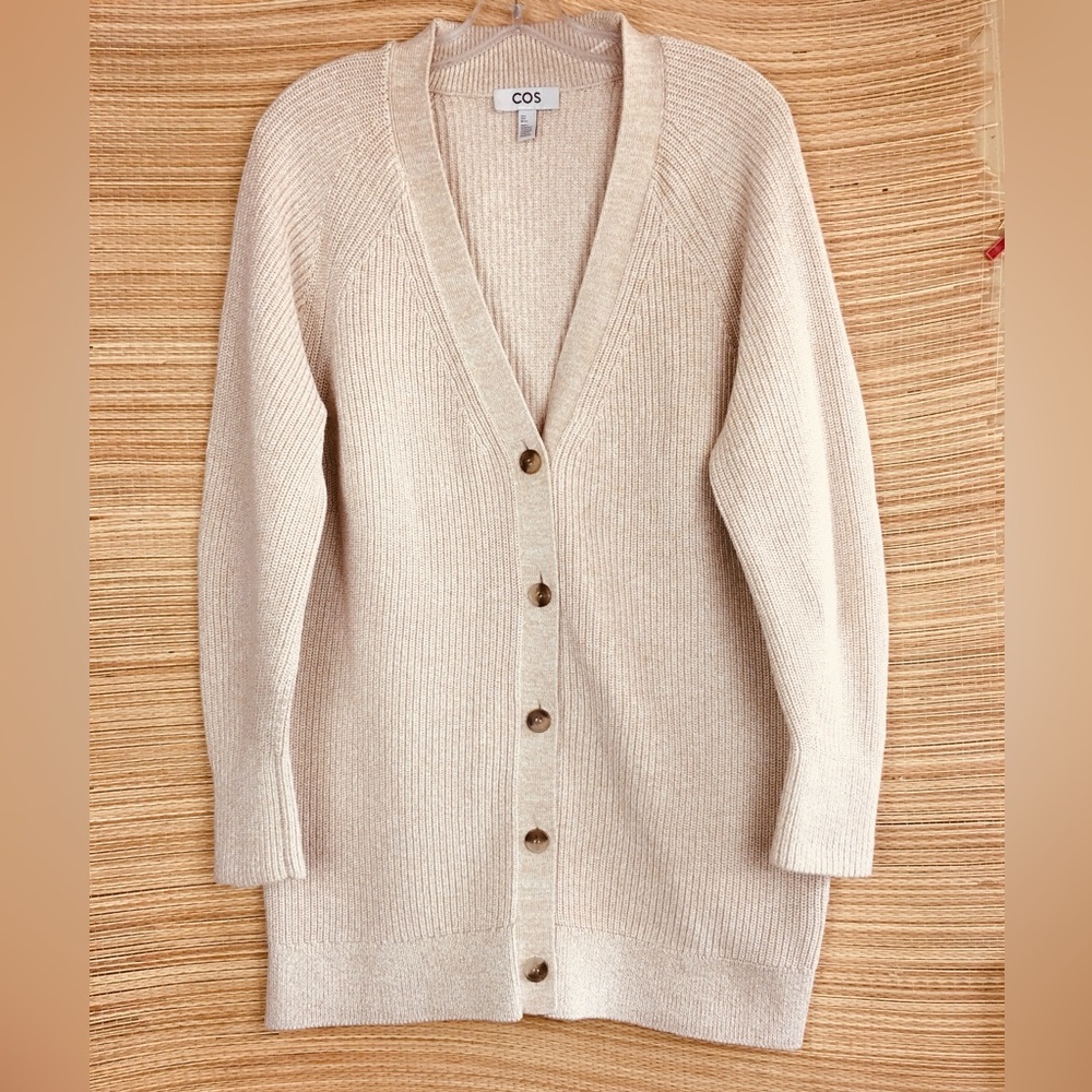 COS Longline V-Neck Cardigan Ribbed  Knit Cotton  In Cream Size S - Picture 9 of 13